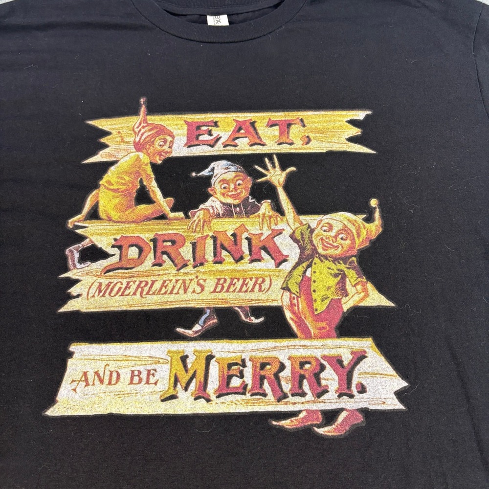 Tultex Moerlein Beer Graphic T-Shirt XL Black Eat Drink and Be Merry Elves 541